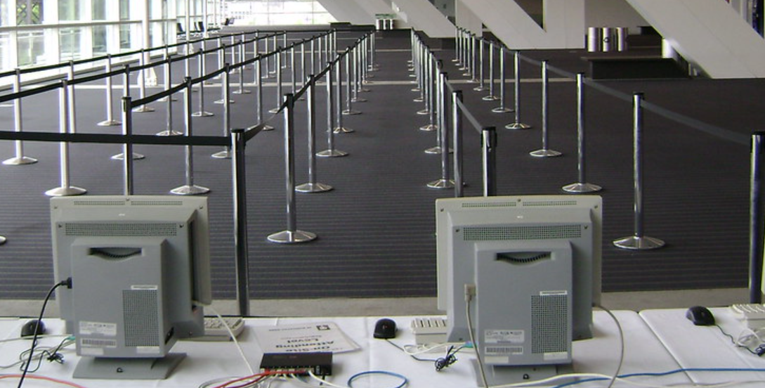 Empty registration line with equipment terminals set up