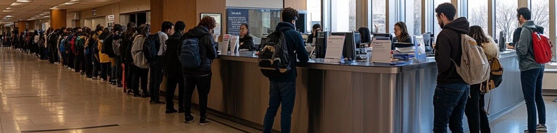 A long reg line wrapping down a hallway